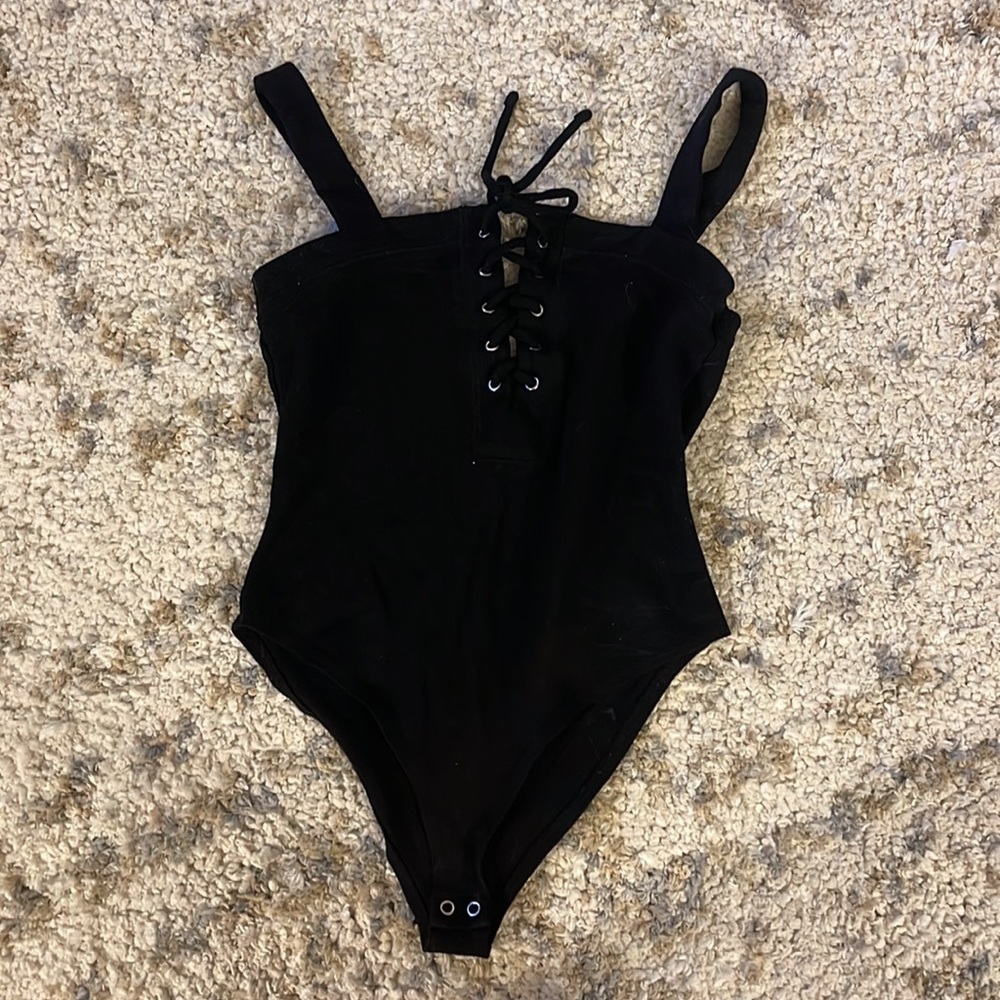Forever 21 Black BodySuit Tie-Front Laces Size Small